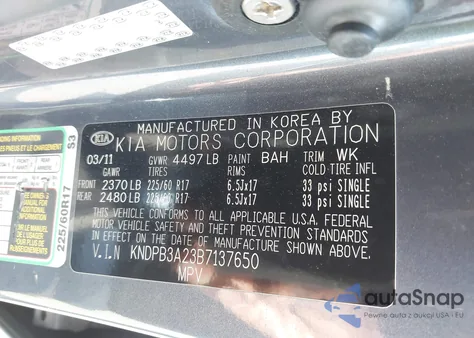 2011 Kia Sportage Lx from USA, damaged, VIN KNDPB3A23B7137650